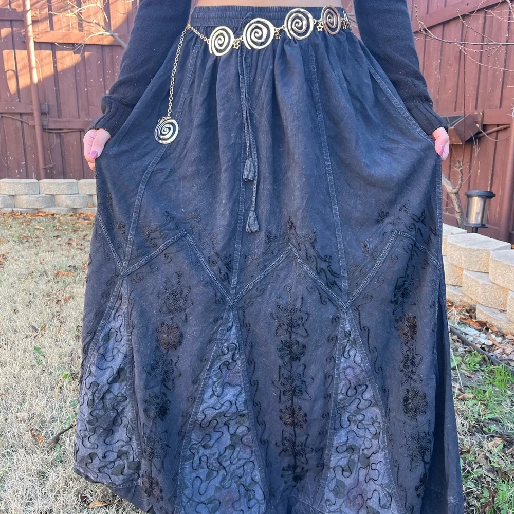 Chic Whimsy Goth Ash Black Embroidered Maxi Skirt - Picture 9 of 14